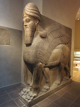 Load image into Gallery viewer, Historical Assyrian Lamassu Nimrud Palace guardians winged Bull Sculpture www.Neo-Mfg.com 8.5&quot; Mesopotamia - Flat on back side - Face Left
