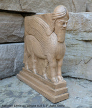 Load image into Gallery viewer, Historical Assyrian Lamassu Nimrud Palace guardians winged Bull Sculpture www.Neo-Mfg.com 8.5&quot; Mesopotamia - Flat on back side g29
