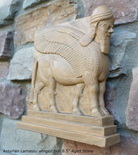 Load image into Gallery viewer, Historical Assyrian Lamassu Nimrud Palace guardians winged Bull Sculpture www.Neo-Mfg.com 8.5&quot; Mesopotamia - Flat on back side g29
