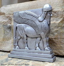 Load image into Gallery viewer, Historical Assyrian Lamassu Nimrud Palace guardians winged Bull Sculpture www.Neo-Mfg.com 8.5&quot; Mesopotamia - Flat on back side g29
