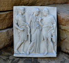 Load image into Gallery viewer, Roman Greek Orpheus, Eurydice and Hermes Figure Sculptural Wall frieze plaque Fragment www.Neo-Mfg.com 10&quot; tall Museum reproduction j24
