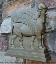 Load image into Gallery viewer, Historical Assyrian Lamassu Nimrud Palace guardians winged Bull Sculpture www.Neo-Mfg.com 8.5&quot; Mesopotamia - Flat on back side g29
