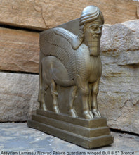 Load image into Gallery viewer, Historical Assyrian Lamassu Nimrud Palace guardians winged Bull Sculpture www.Neo-Mfg.com 8.5&quot; Mesopotamia - Flat on back side g29
