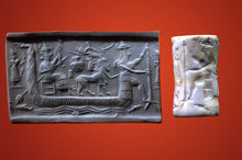 Load image into Gallery viewer, Akkadian Shamash in Boat Sun god seal Cylinder Tablet Cuneiform Sculptural www.Neo-Mfg.com museum reproduction 2pc set
