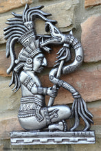 Load image into Gallery viewer, Aztec Mayan seated Warrior with Serpent wall art Sculpture www.Neo-Mfg.com 14&quot; L5
