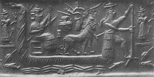 Load image into Gallery viewer, Akkadian Shamash in Boat Sun god seal Cylinder Tablet Cuneiform Sculptural www.Neo-Mfg.com museum reproduction 2pc set
