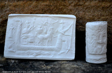 Load image into Gallery viewer, Akkadian Shamash in Boat Sun god seal Cylinder Tablet Cuneiform Sculptural www.Neo-Mfg.com museum reproduction 2pc set
