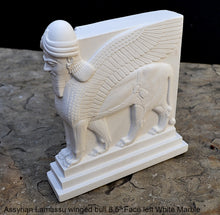 Load image into Gallery viewer, Historical Assyrian Lamassu Nimrud Palace guardians winged Bull Sculpture www.Neo-Mfg.com 8.5&quot; Mesopotamia - Flat on back side - Face Left
