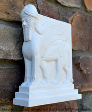 Load image into Gallery viewer, Historical Assyrian Lamassu Nimrud Palace guardians winged Bull Sculpture www.Neo-Mfg.com 8.5&quot; Mesopotamia - Flat on back side - Face Left
