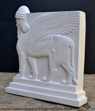 Load image into Gallery viewer, Historical Assyrian Lamassu Nimrud Palace guardians winged Bull Sculpture www.Neo-Mfg.com 8.5&quot; Mesopotamia - Flat on back side - Face Left
