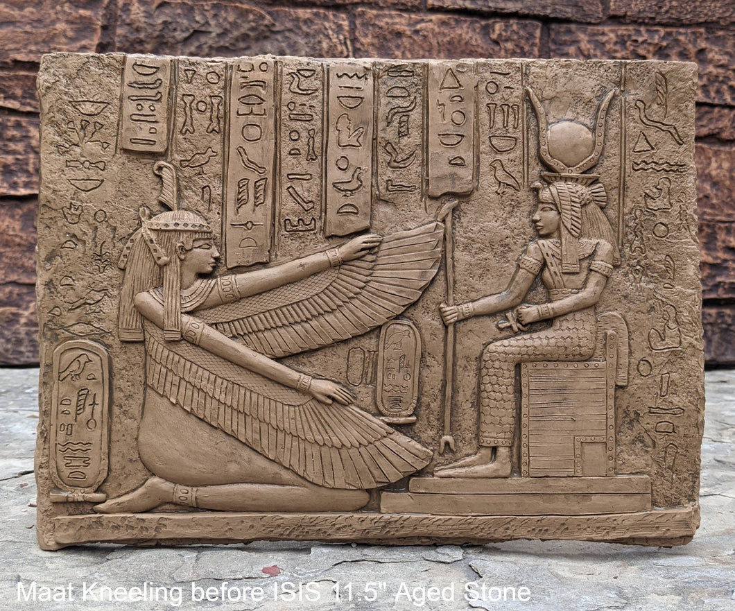 Egyptian Maat kneeling before Isis reproduction sculpture wall art 11.5